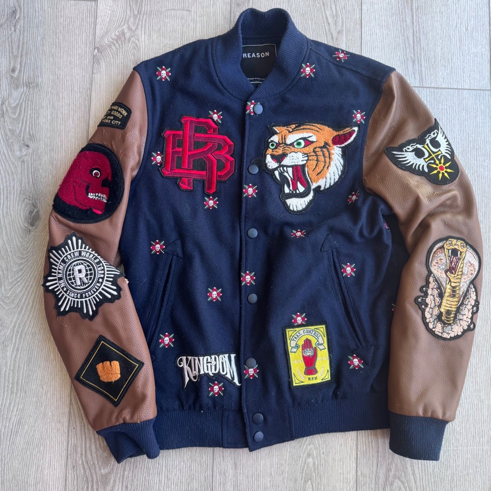 Reason Brand Mens Varsity Jacket Navy Brown Tiger Cobra Patches Size S